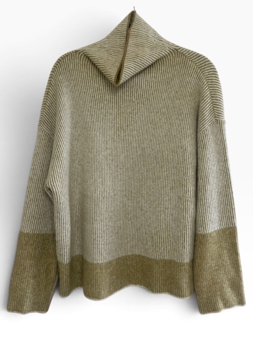 Calvin Klein Olive Green Cream Colorblock Ribbed Cowl Neck Turtleneck Sweater M